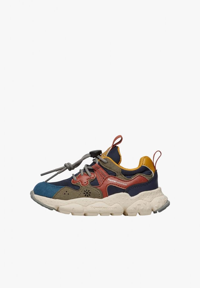 YAMANO 3 JUNIOR.Sneakers aus Kunstleder und technischem Gewebe, Marineblau-Rot