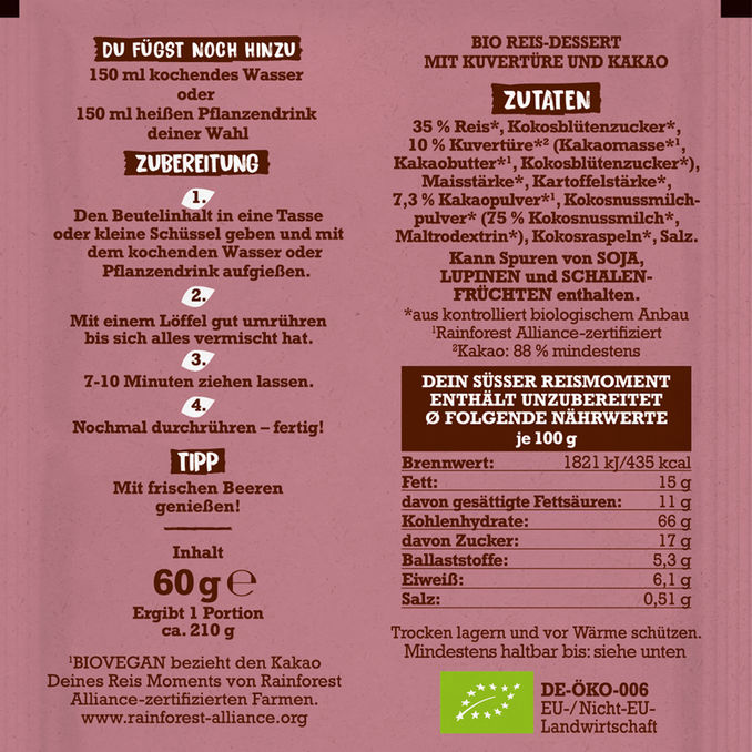 BIO Reis-Dessert Dunkle Schokolade, 60g von Biovegan