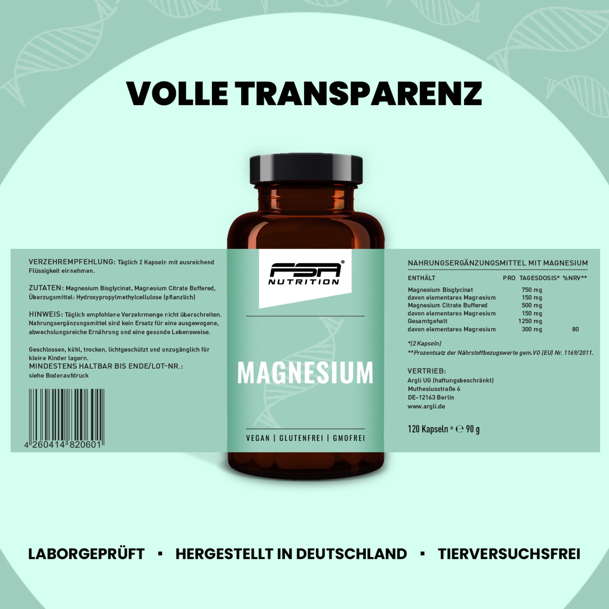 FSA NUTRITION Magnesium Bisglycinat und Citrate 120 Kapseln im Glas
