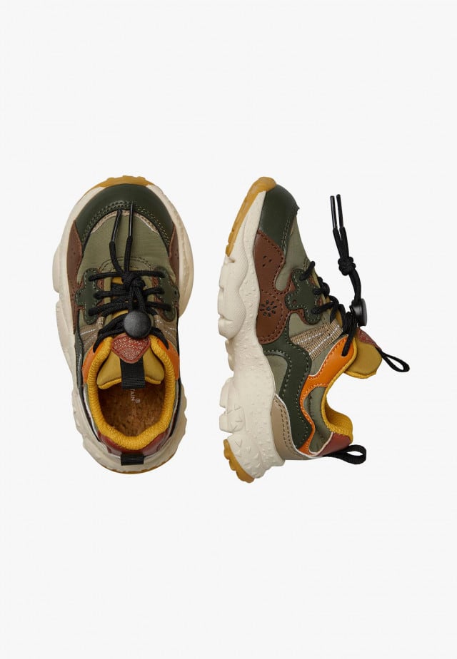 YAMANO 3 JUNIOR.Sneakers aus Kunstleder und technischem Gewebe, Militärgrün-Braun