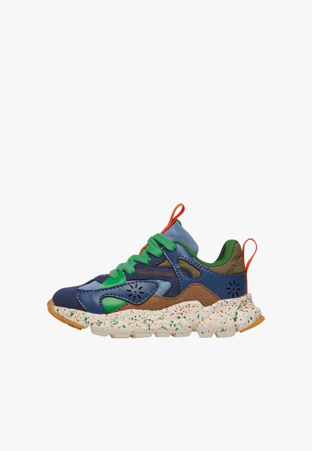 SABURO JUNIOR.Sneakers aus Kunstleder und technischem Gewebe, Marineblau-Grün