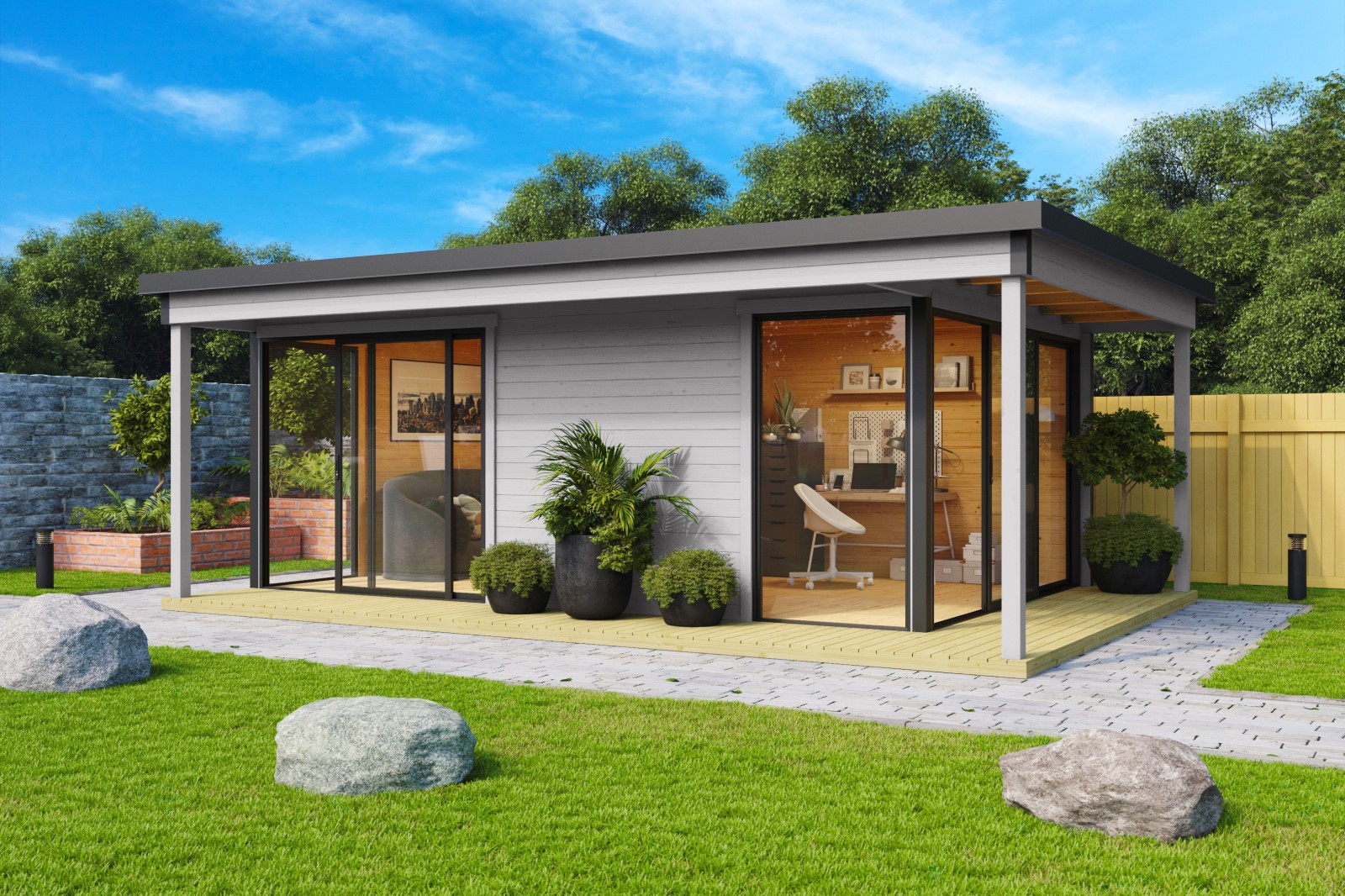 Gartenhaus DOMEO 3 LOGGIA - lichtgrau-anthrazit - Fichte massiv