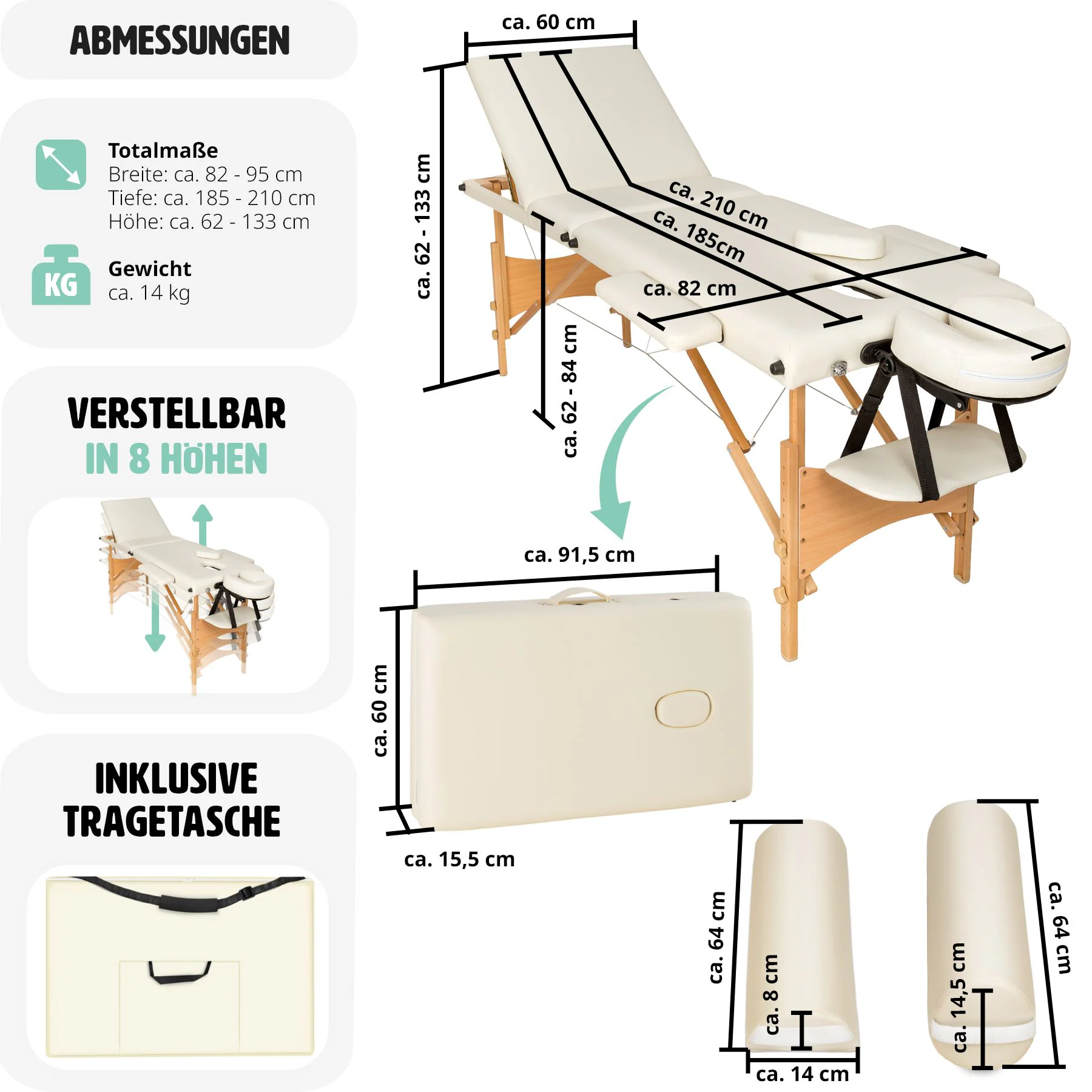 tectake® 3 Zonen Massageliege-Set, inklusive Lagerungsrollen und Tragetasche, klappbar und höhenverstellbar, 210 x 95 x 62 - 84 cm