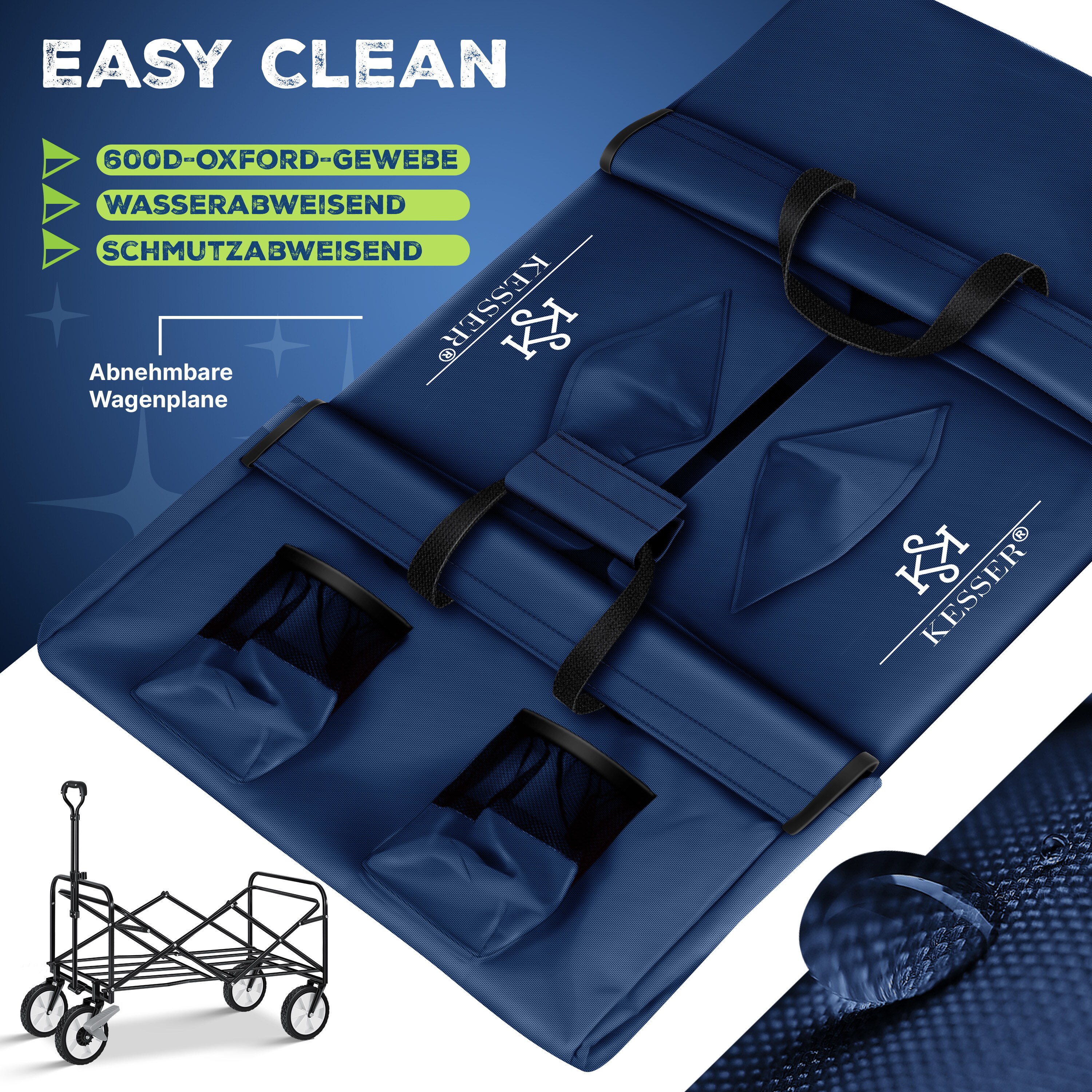 KESSER® Bollerwagen faltbar Handwagen Transportkarre Gerätewagen | inkl. 2 Netztaschen & Cover | klappbar | PVC-Reifen | bis 80 kg Tragkraft transportwagen Gartenanhänger ohne Dach