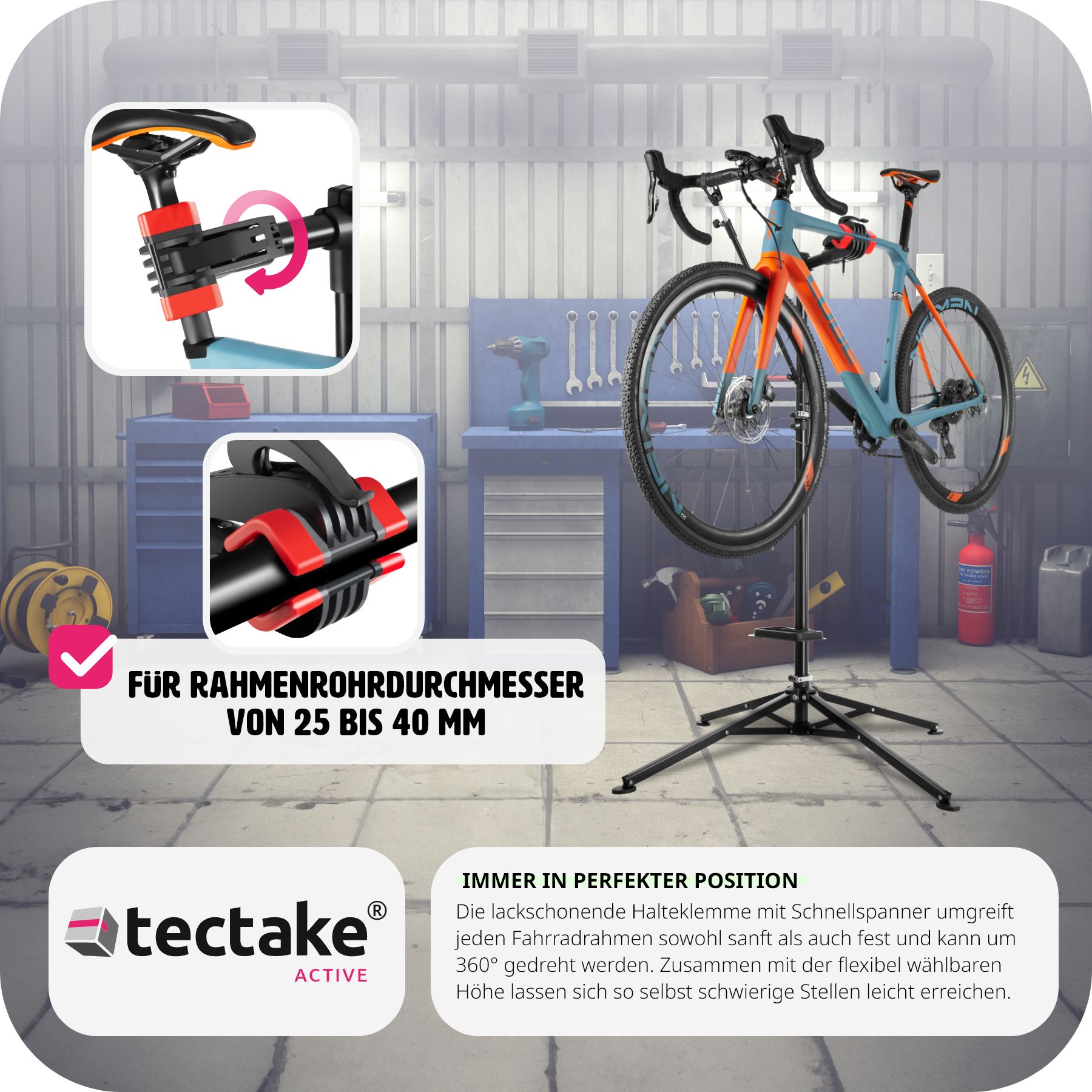 tectake® Fahrradmontageständer, klappbar, für alle gängigen Modelle, lackschonend, inklusive Werkzeugablage