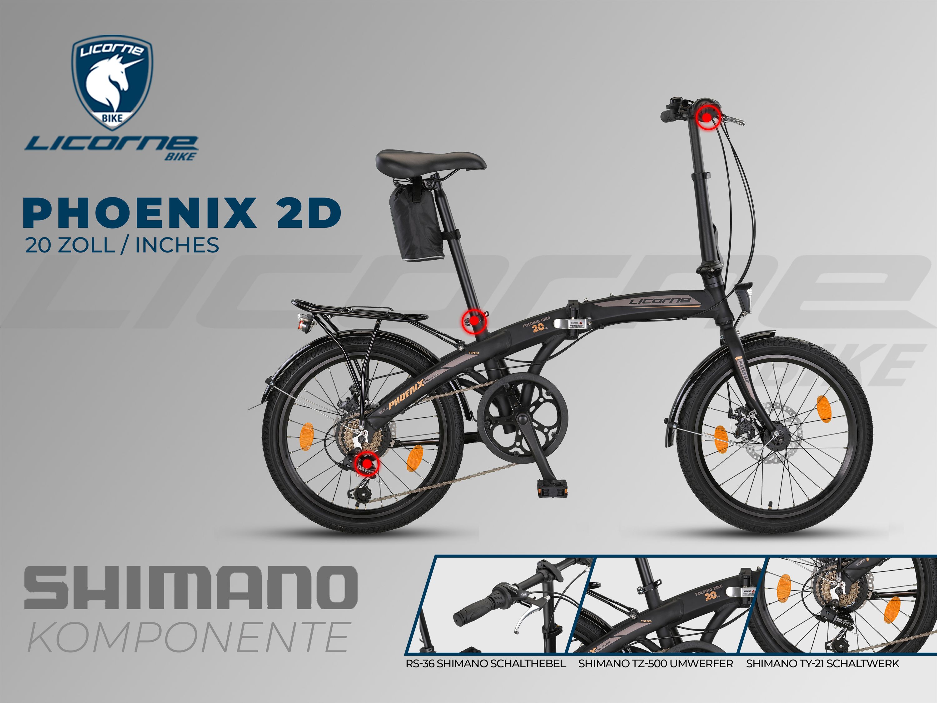Licorne Bike Phoenix 2D, 20 Zoll Aluminium-Faltrad-Klapprad, Scheibenbremse, Discbremse, V-Bremse Faltfahrrad-Herren-Damen, 7 Gang Kettenschaltung - Folding City Bike, Alu-Rahmen, StVZO, Vorderlampe, Hinterlampe