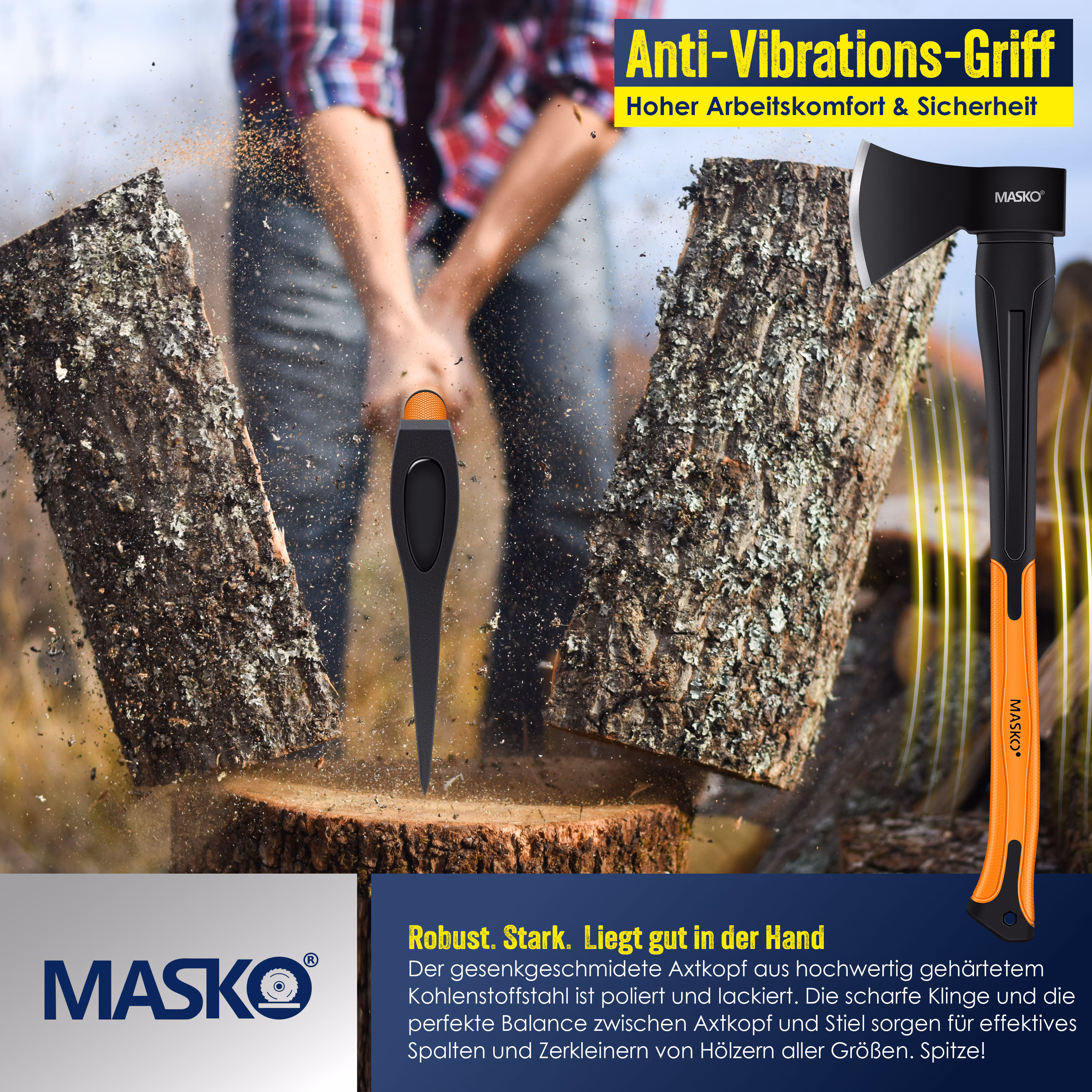 MASKO® Spaltaxt Spaltbeil Axt Beil Spalthammer Spaltkeil FIBERGLAS-Stiel + Handschuhe Die Perfekten Werkzeuge für Garten und Wald Universal | Robust | Langlebig | Rostfrei