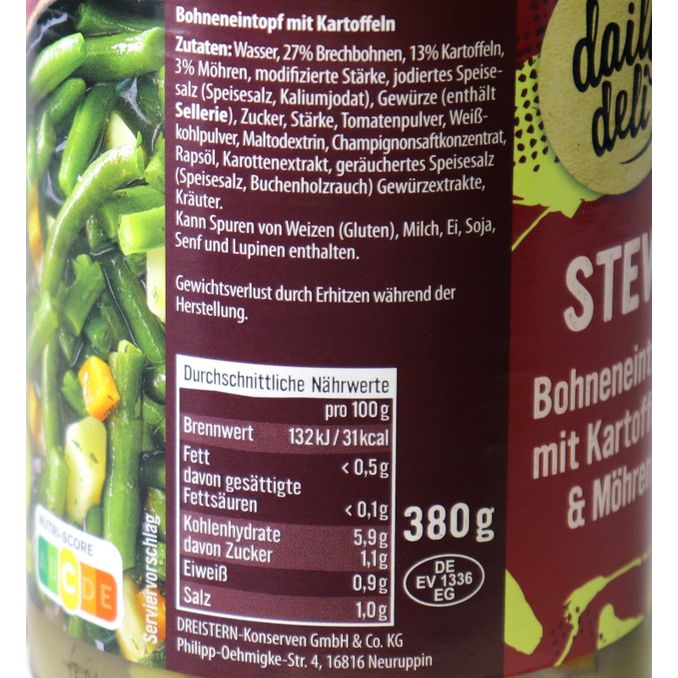 Veganer Grüne Bohneneintopf mit Kartoffeln & Möhren, 380g von Daily Deli