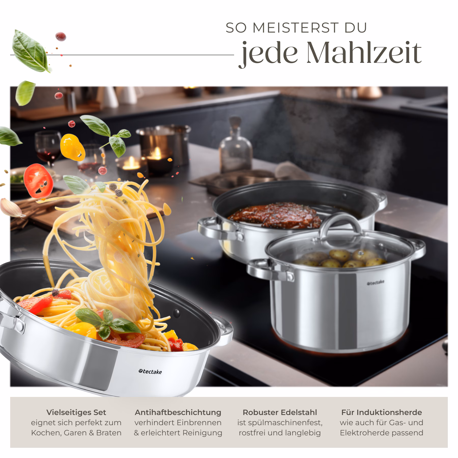 tectake® Kochtopfset, 15-teilig, aus Edelstahl, für Induktion geeignet, Glasdeckel mit Dampfabzug, integrierte Messskala in den Töpfen