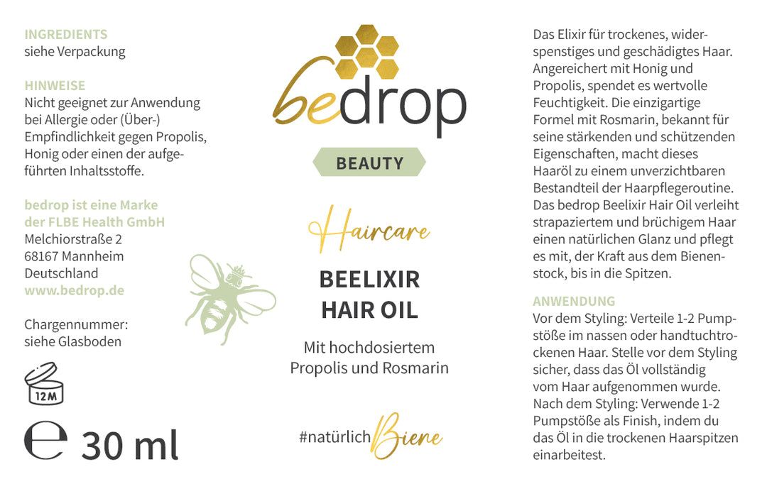 bedrop BEELIXIR HAIR OIL / Haaröl mit Manuka Honig, Propolis und Rosmarinextrakt