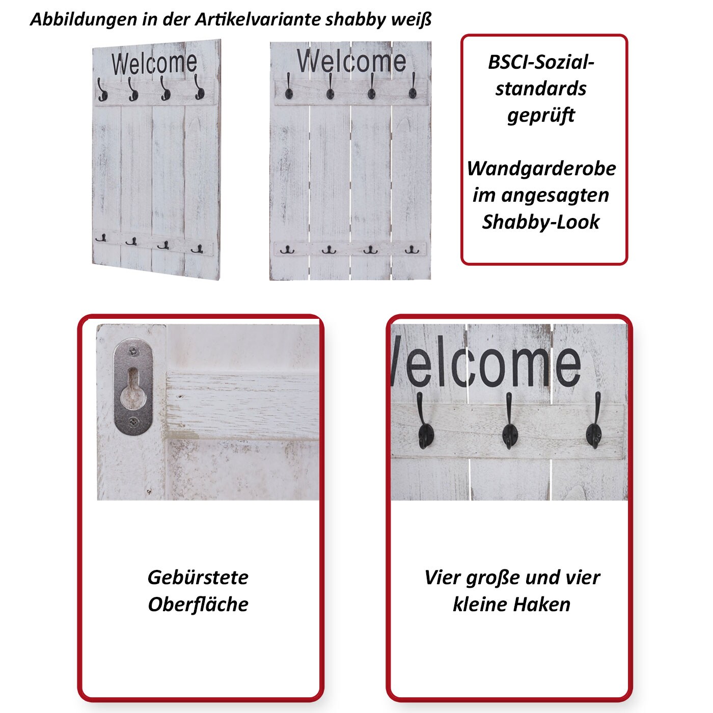 Wandgarderobe MCW-C89 Welcome, Garderobe Garderobenpaneel, Shabby-Look Vintage, 91x60cm ~ braun, shabby
