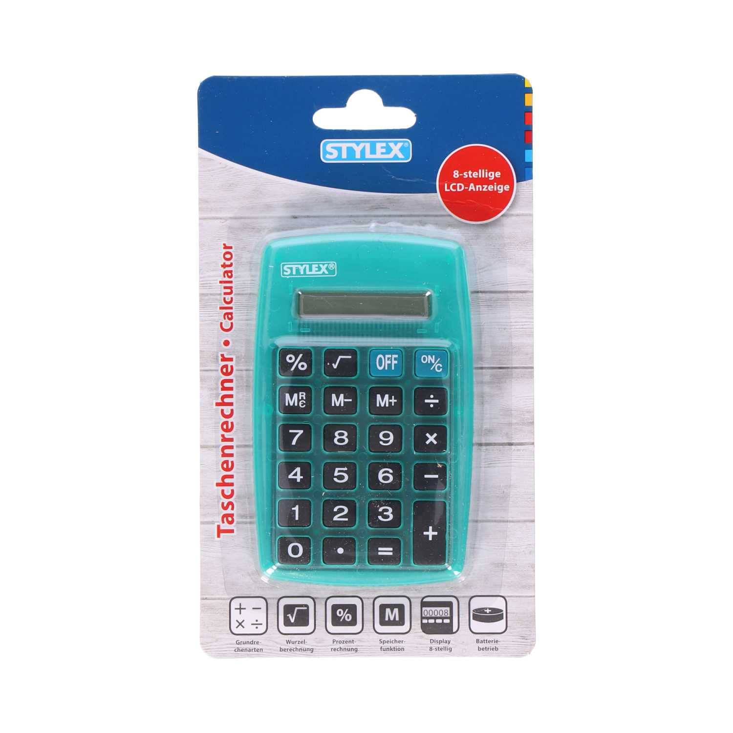 STYLEX®Taschenrechner, rot/blau/gelb/türkis