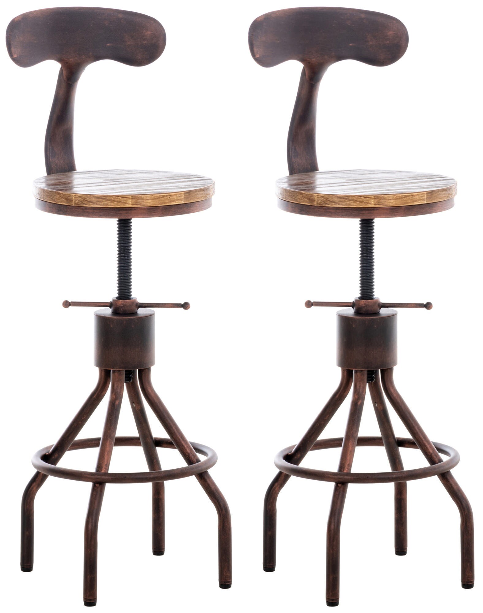 CLP 2er Set Barhocker Hanam Im Industrial-Design I Höhenverstellbarer Metall Barstuhl Mit Holzsitz Und Rückenlehne