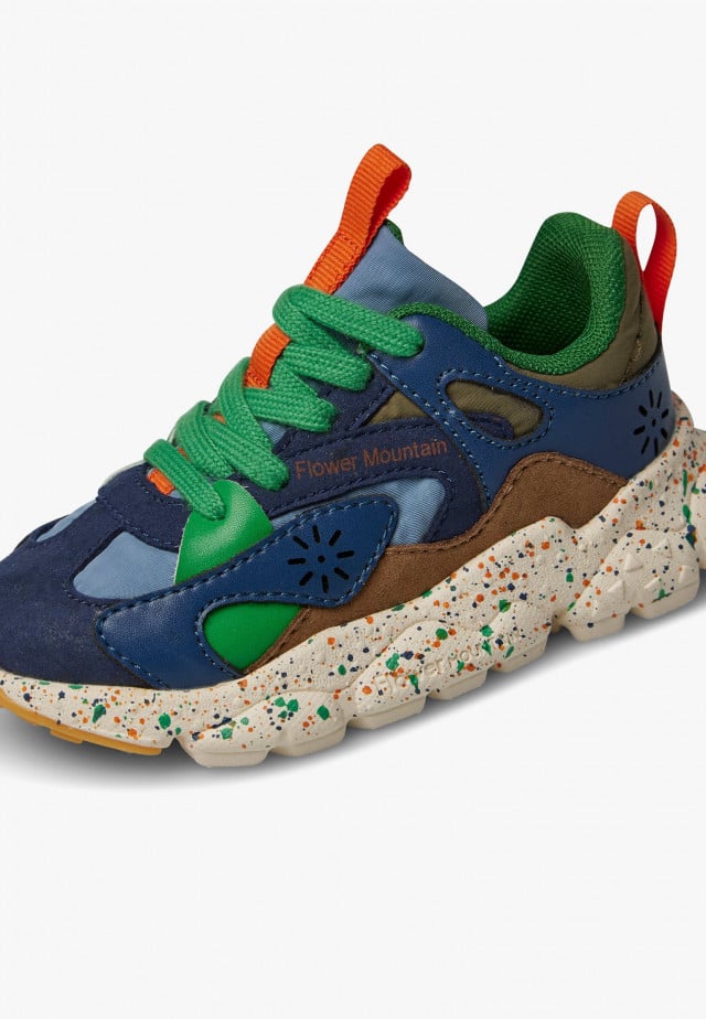 SABURO JUNIOR.Sneakers aus Kunstleder und technischem Gewebe, Marineblau-Grün