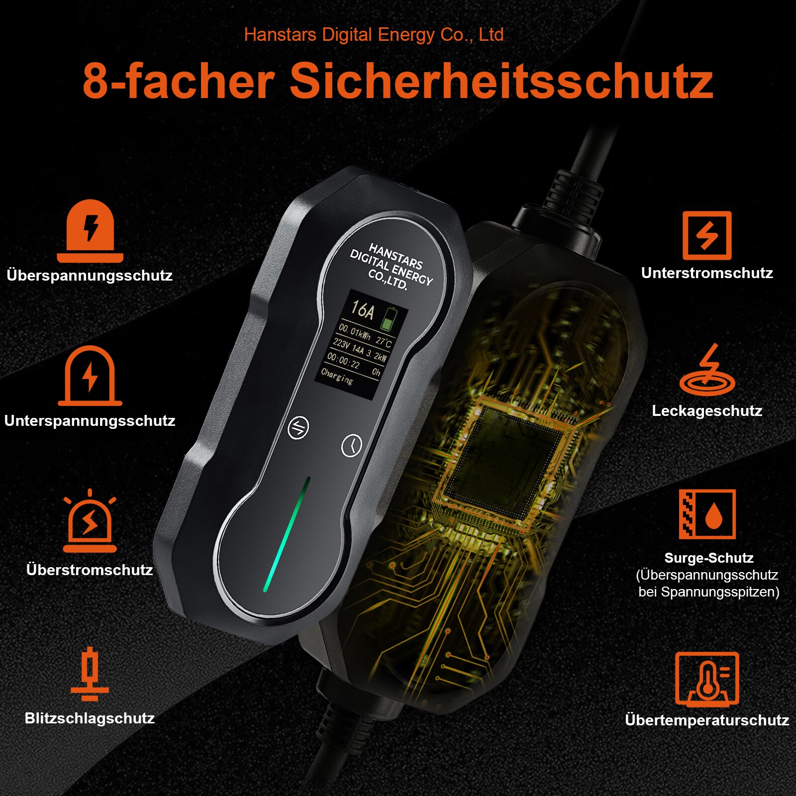 HANSTARS Portables EV Ladegerät Type 2 Schutzkontakt-Steckdose, 3.7 kW mit Tasche