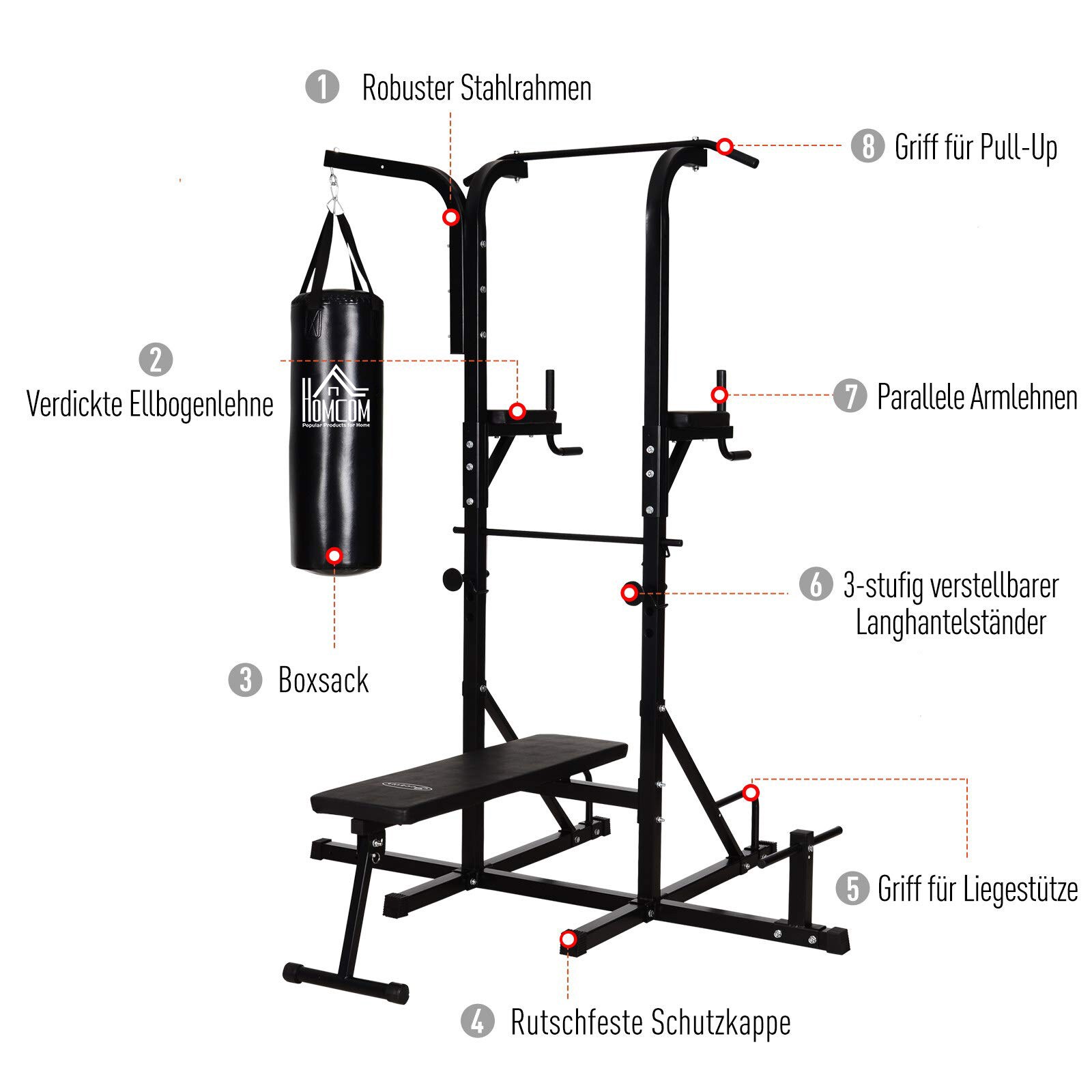 HOMCOM Kraftstation mit Klimmzugstange schwarz 180 x 183 x 219 cm (BxTxH)