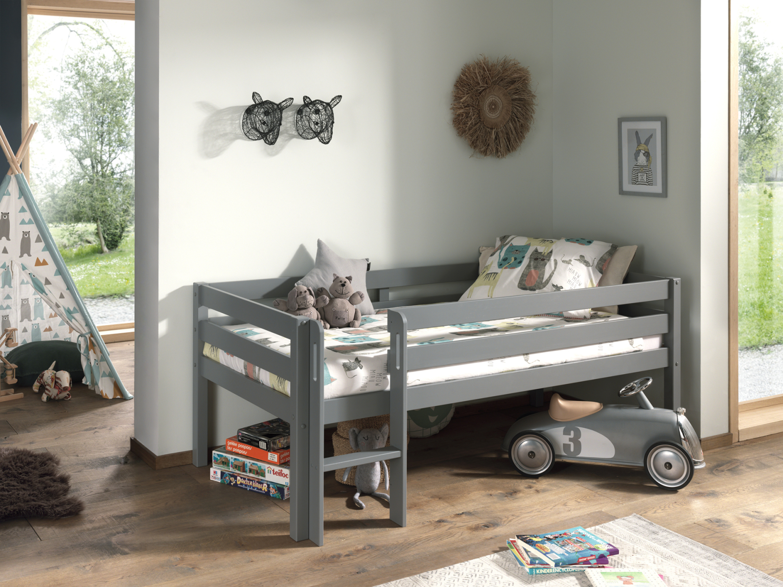 Kojen-Spielbett - grau - Leiter - Rolllattenrost - 90x200 cm
