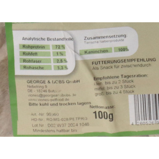 Petfood Kaninchenohren mit Fell , 100g von Viones