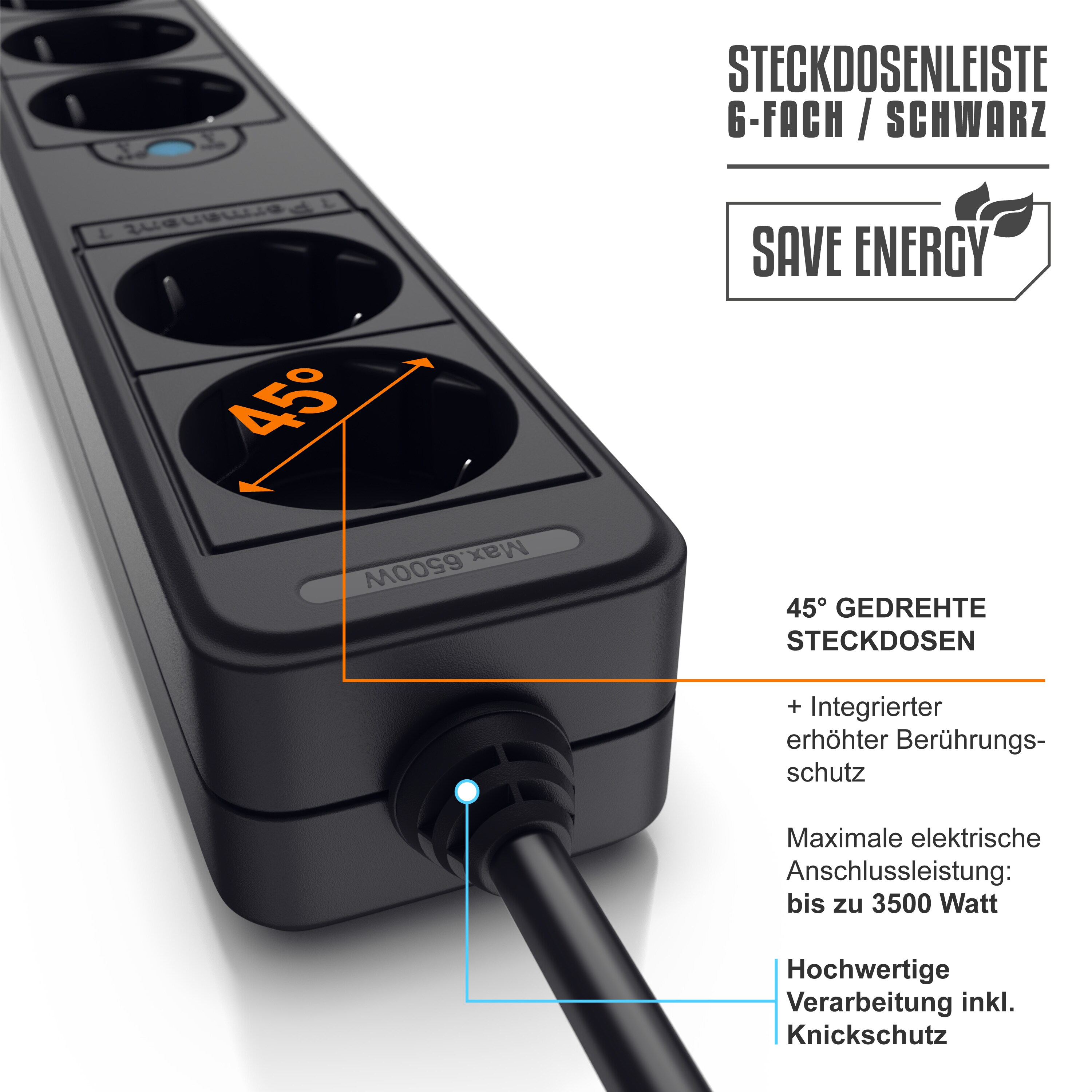 Arendo Steckdosenleiste Mehrfachsteckdose Steckerleiste 3500W, 6-fach