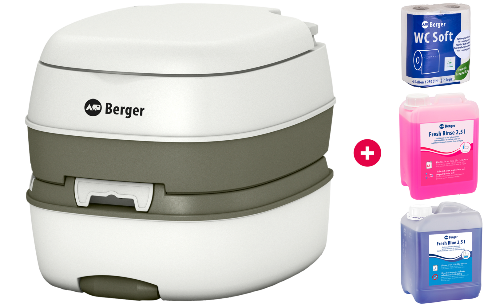 Berger Mobil WC Deluxe Starter Set mit Deluxe Campingtoilette, Toilettenpapier und Sanitärflüssigkeiten