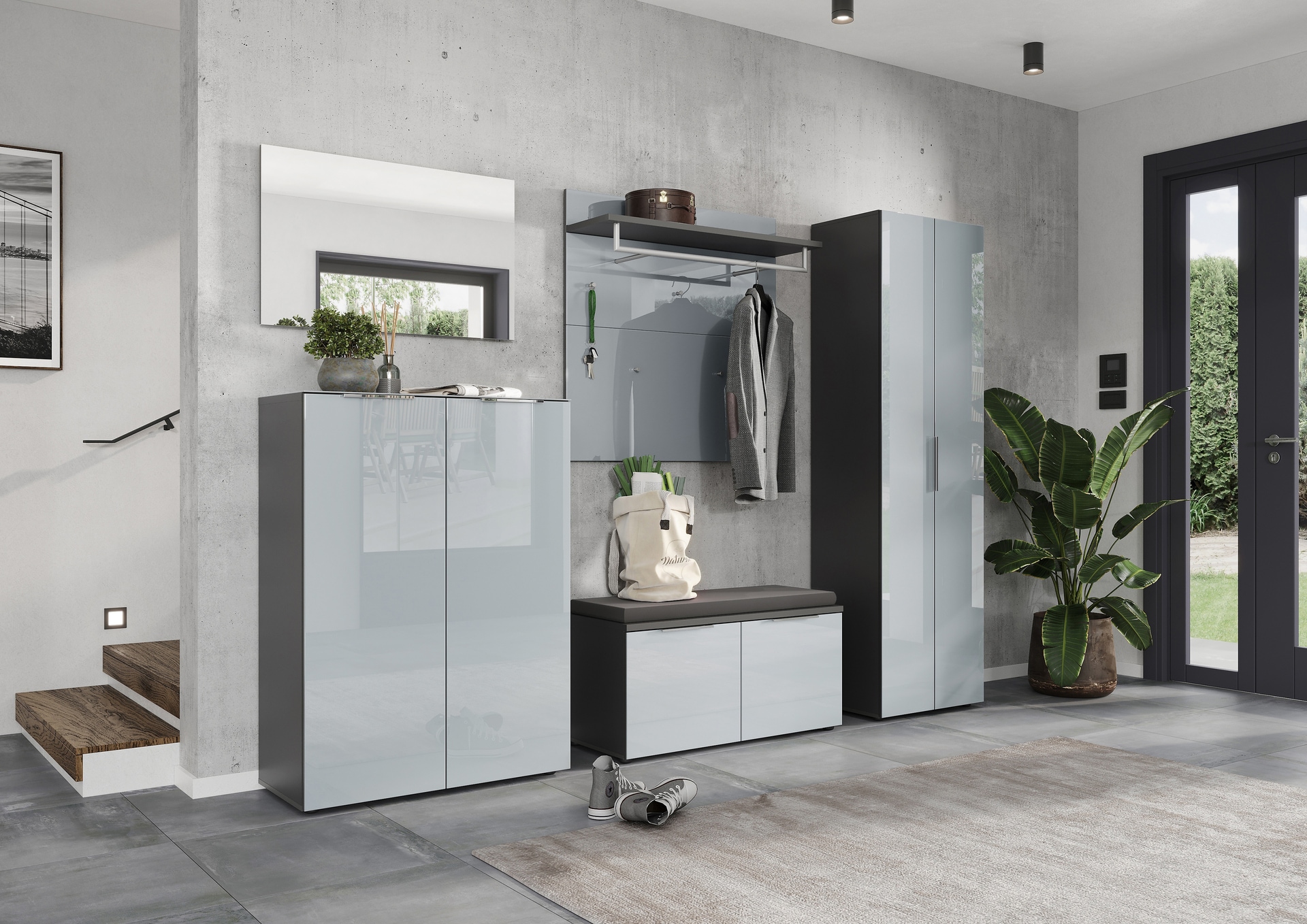 Schuhschrank LEVIN 87 x 120 cm Glasfront Silbergrau/Graphit