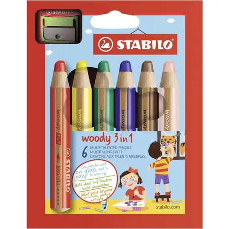 Buntstift, Wasserfarbe & Wachsmalkreide - STABILO woody 3 in 1 - 6er Pack mit Spitzer - mit 6 verschiedenen Farben