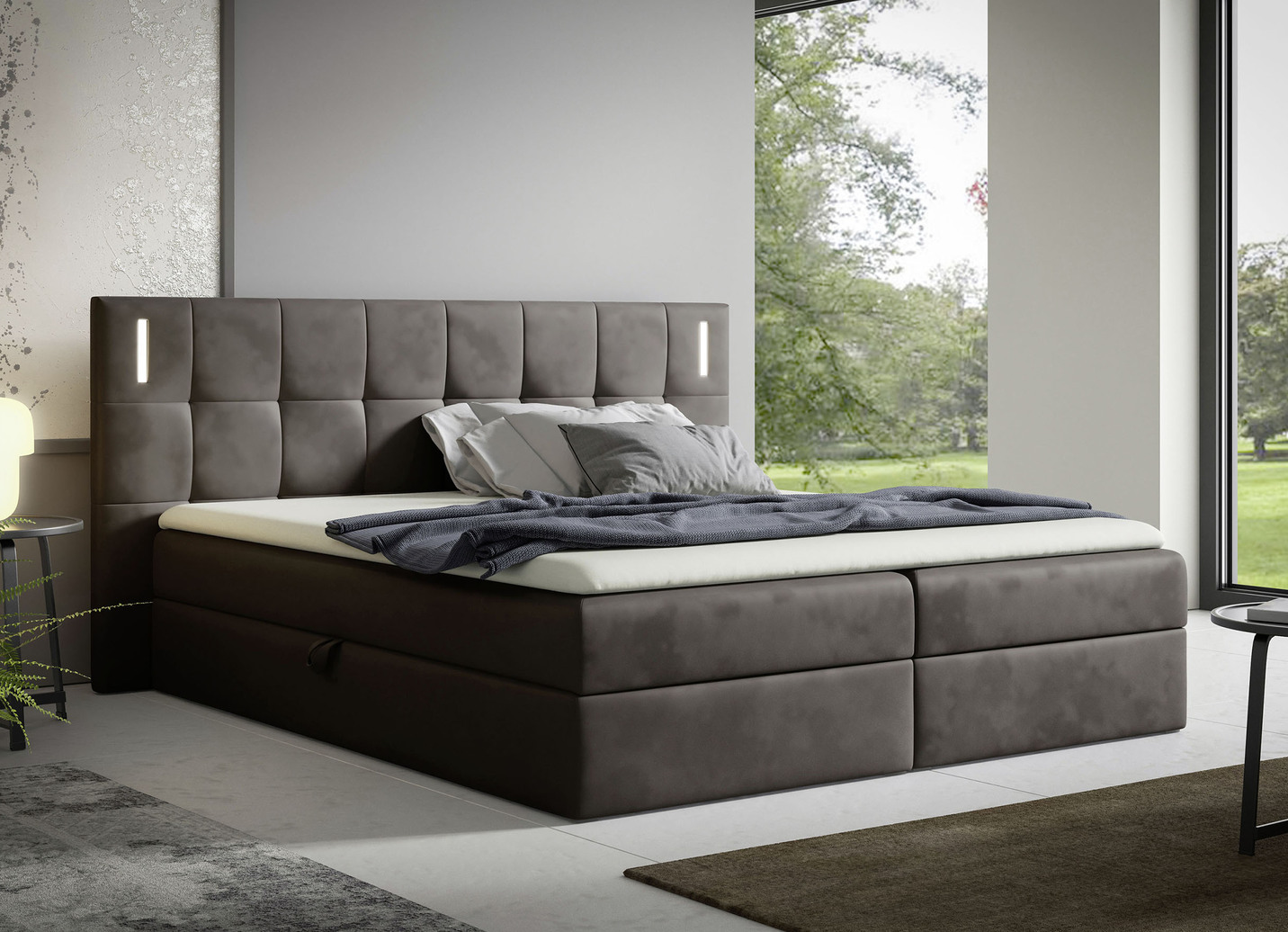 Boxspringbett mit LED-Beleuchtung und Topper