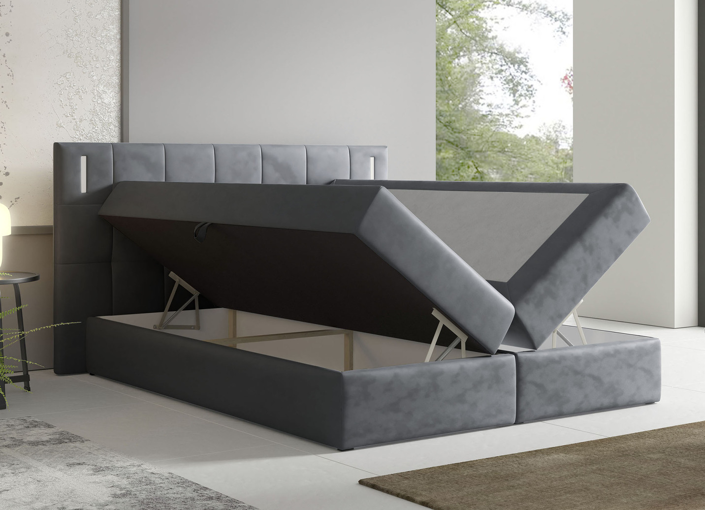 Boxspringbett mit LED-Beleuchtung und Topper