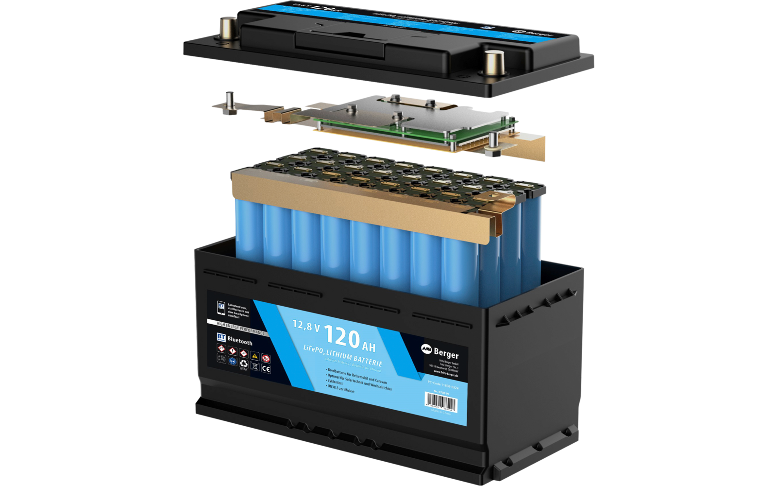 Berger LiFePO4 Lithium Batterie 120 Ah 12 V mit Bluetooth