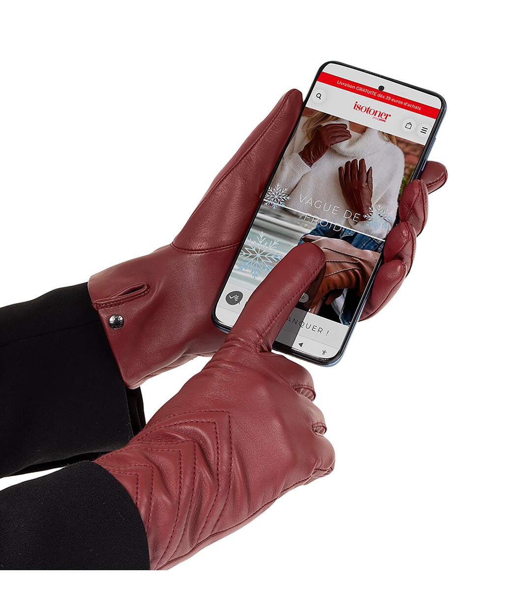 Isotoner Gants femme tactiles en cuir de chèvre velours - doublés micro fausse fourrure