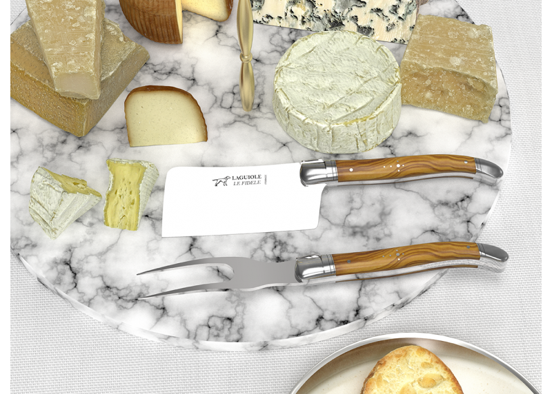 Service à fromage Laguiole avec un manche en bois d'olivier et mitres en acier inoxydable