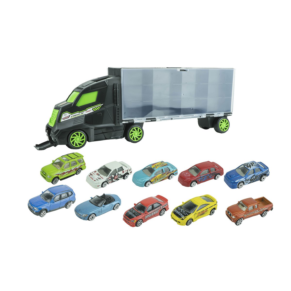 Camion Roues Libres + 10 voitures en métal