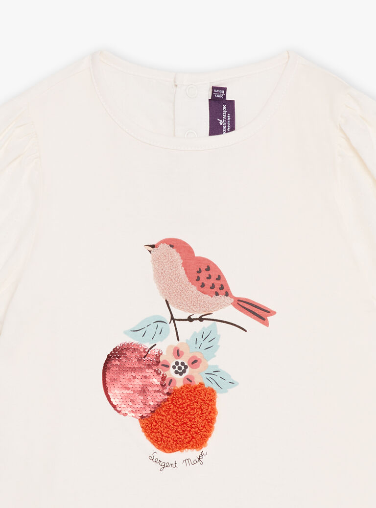 T-shirt bi matière ivoire à motif oiseaux