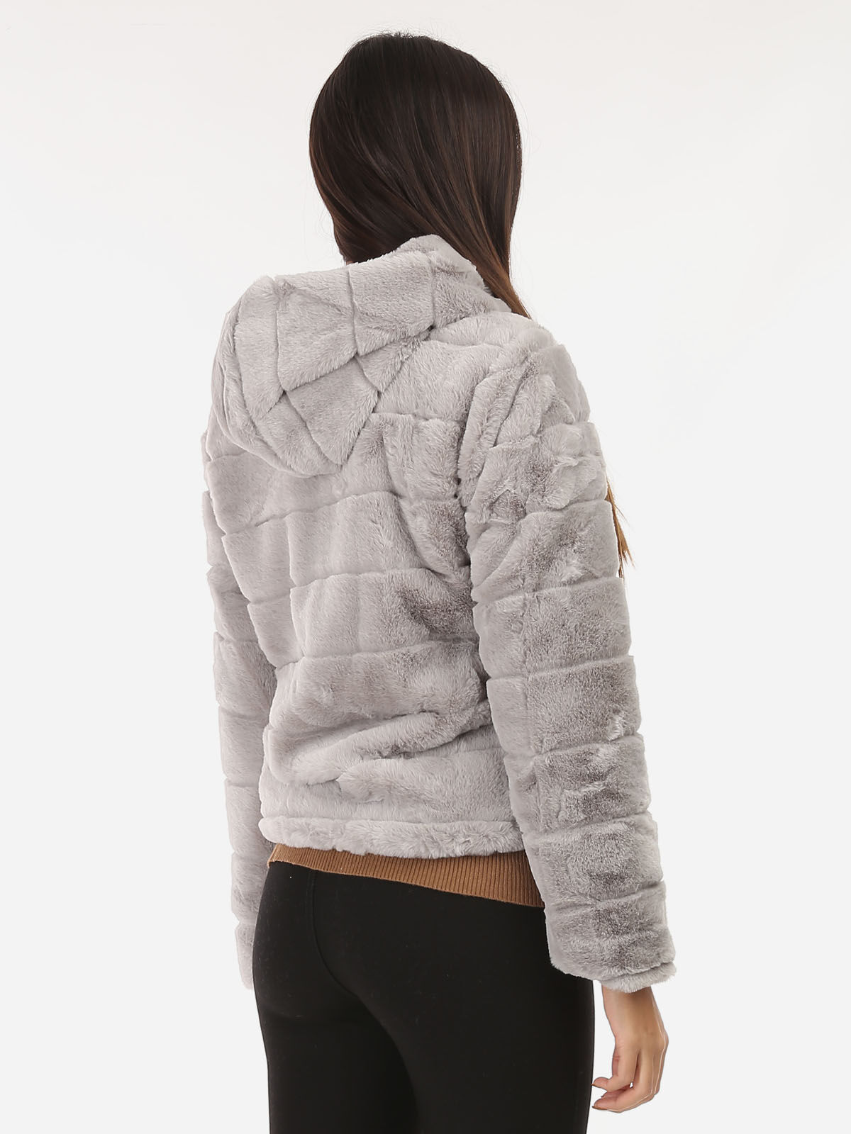 Manteau court à fausse fourrure et capuche- Gris