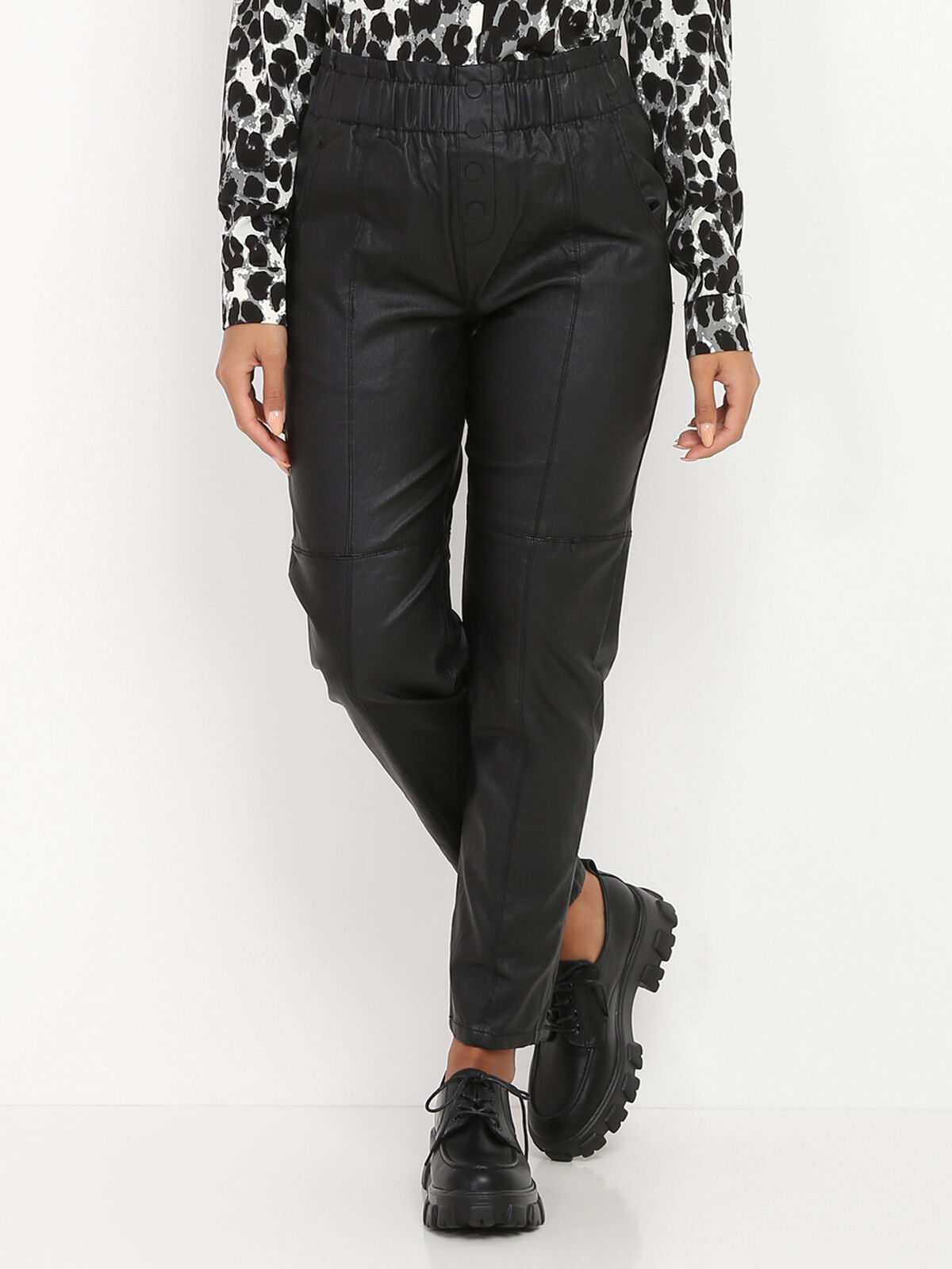 Pantalon droit enduit taille haute- Noir