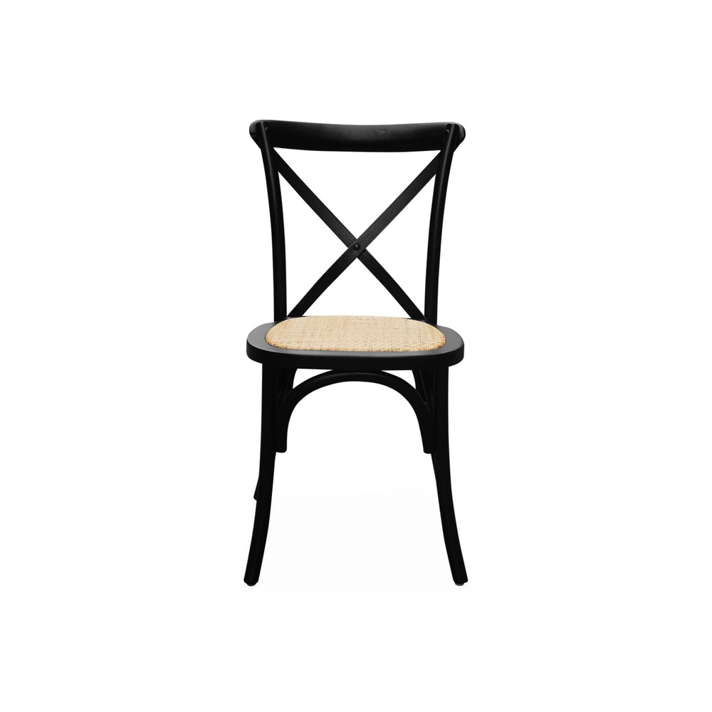 Lot de 2 chaises de bistrot en bois d'hévéa noir. Vintage. Assise en rotin. Empilables