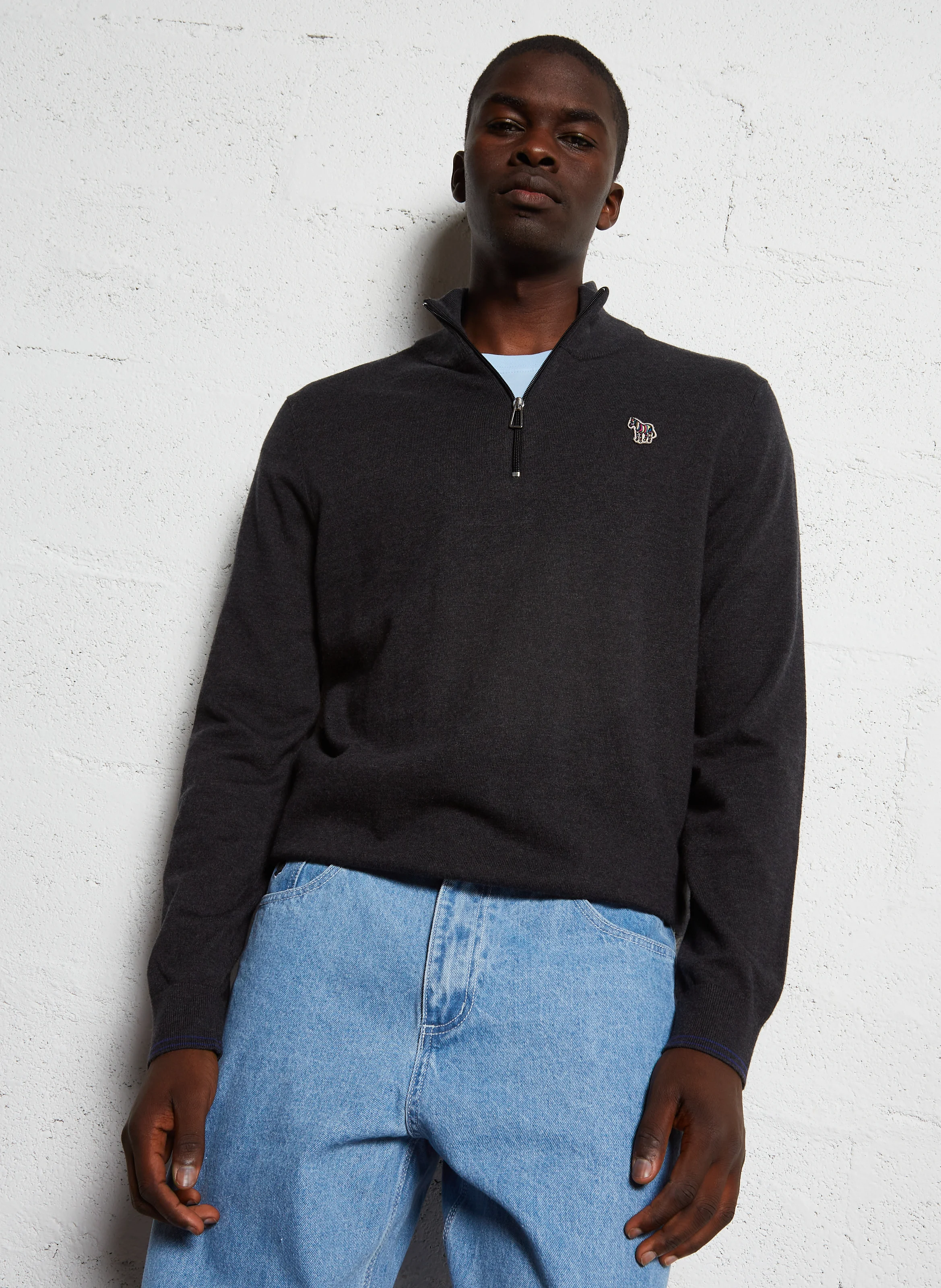 Pull col montant zippé en coton mélangé| Noir