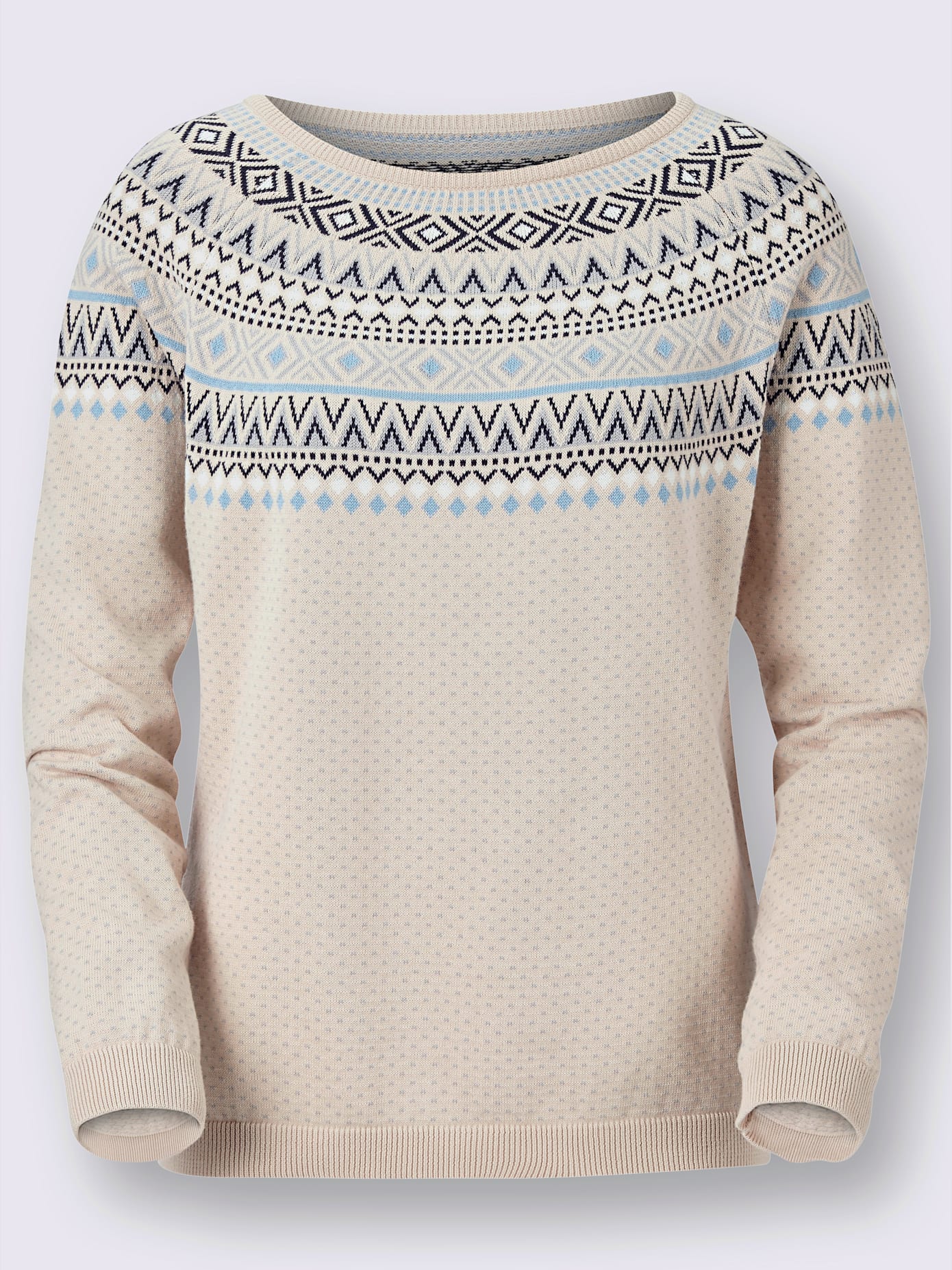 Pull motif jacquard norvégien col rond manches raglan