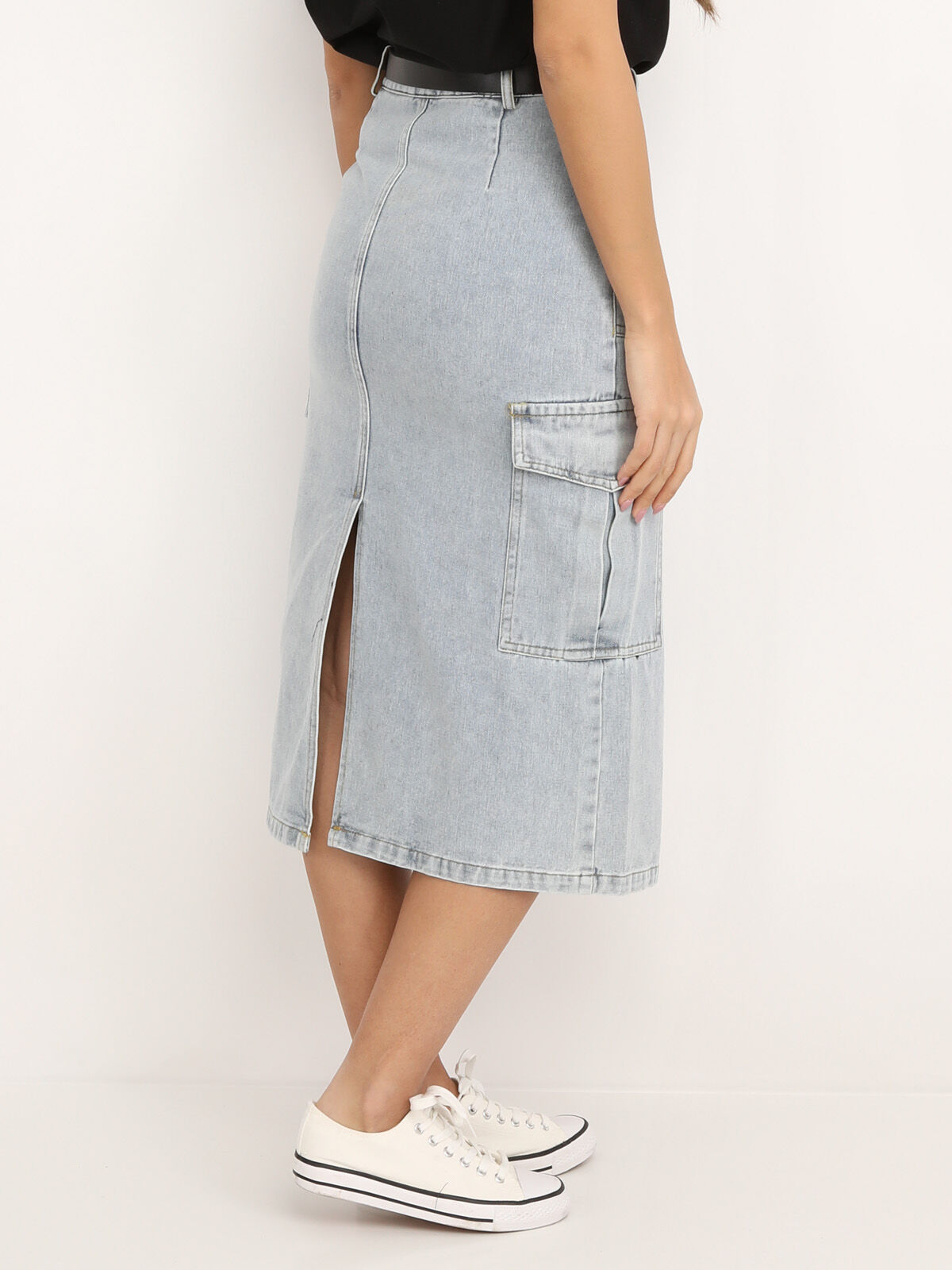 Jupe cargo en jeans avec ceinture- Bleu clair