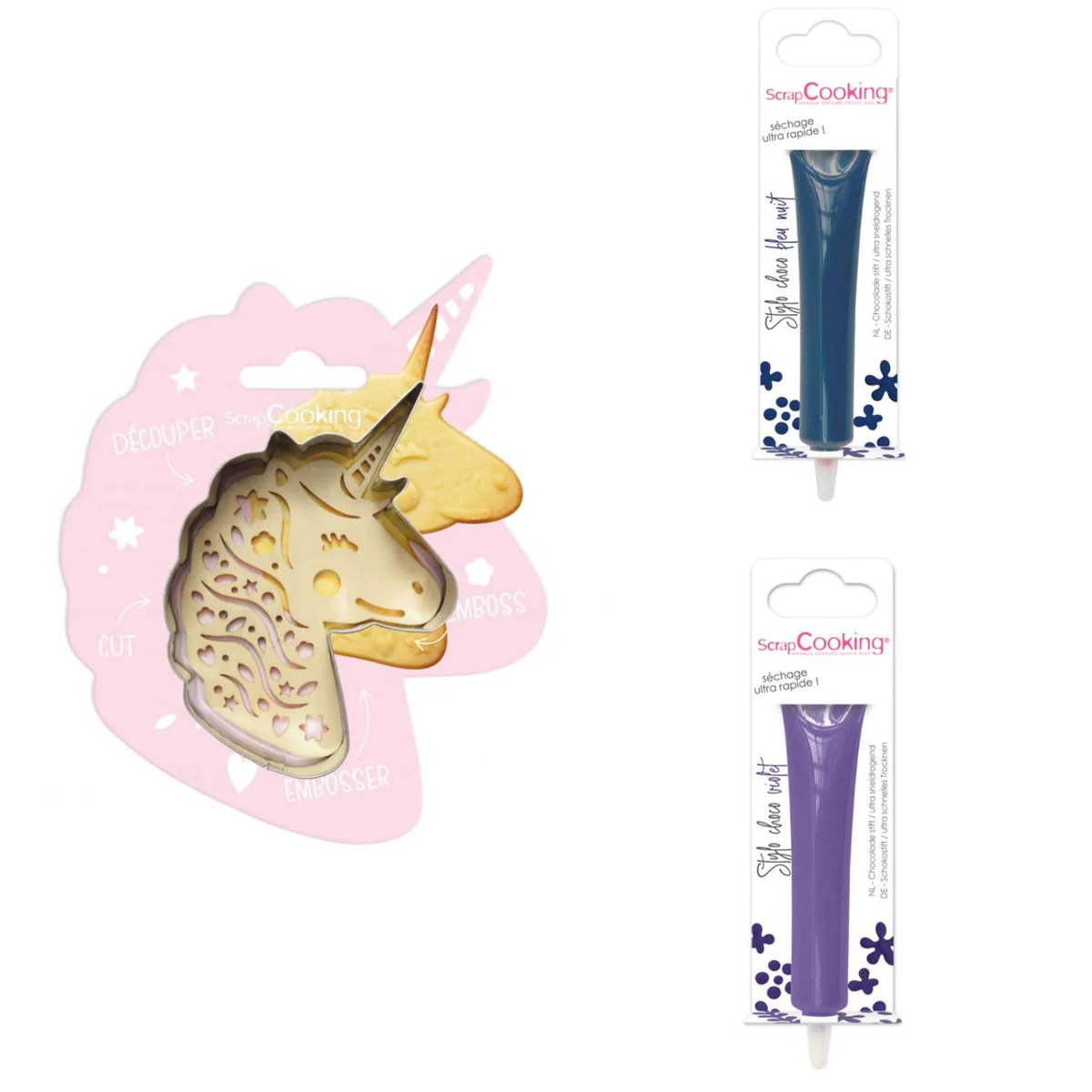 Kit pour biscuit en relief Licorne + 2 Stylos au chocolat bleu nuit et