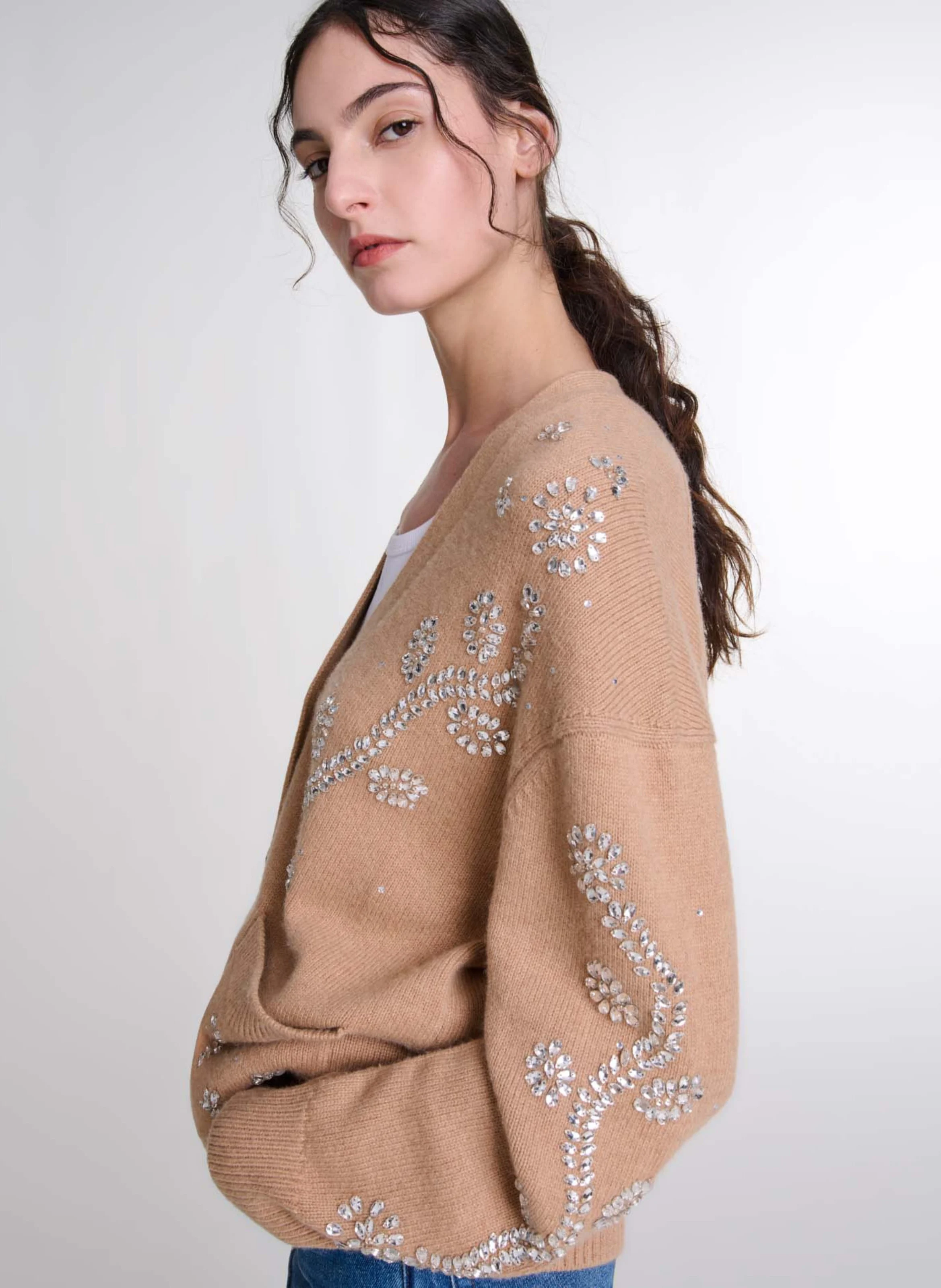 Cardigan ample à strass fleurs | Beige