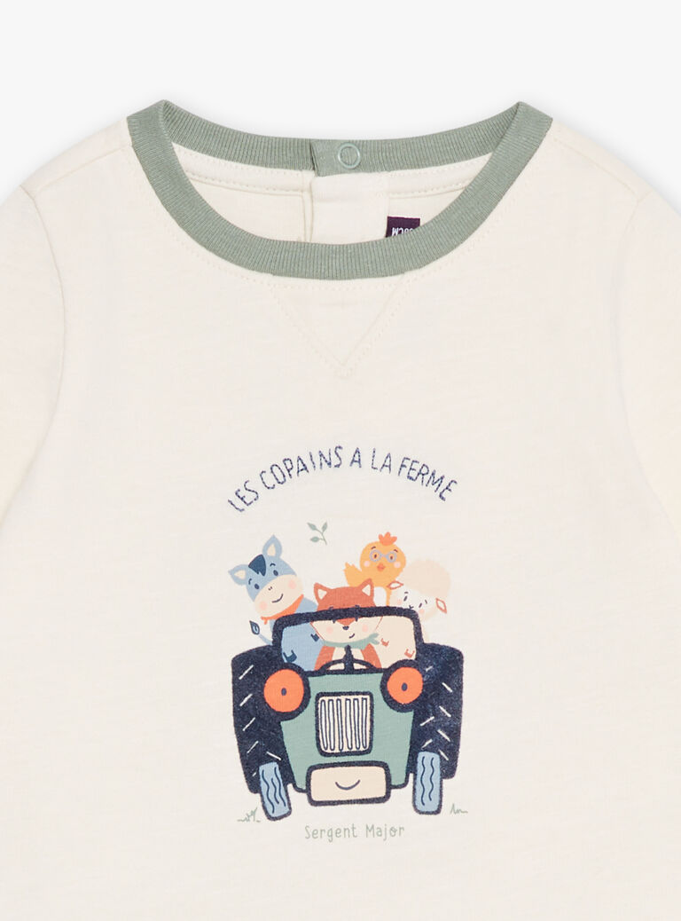 Body-T-shirt vanille à manches longues à motif tracteur et animaux