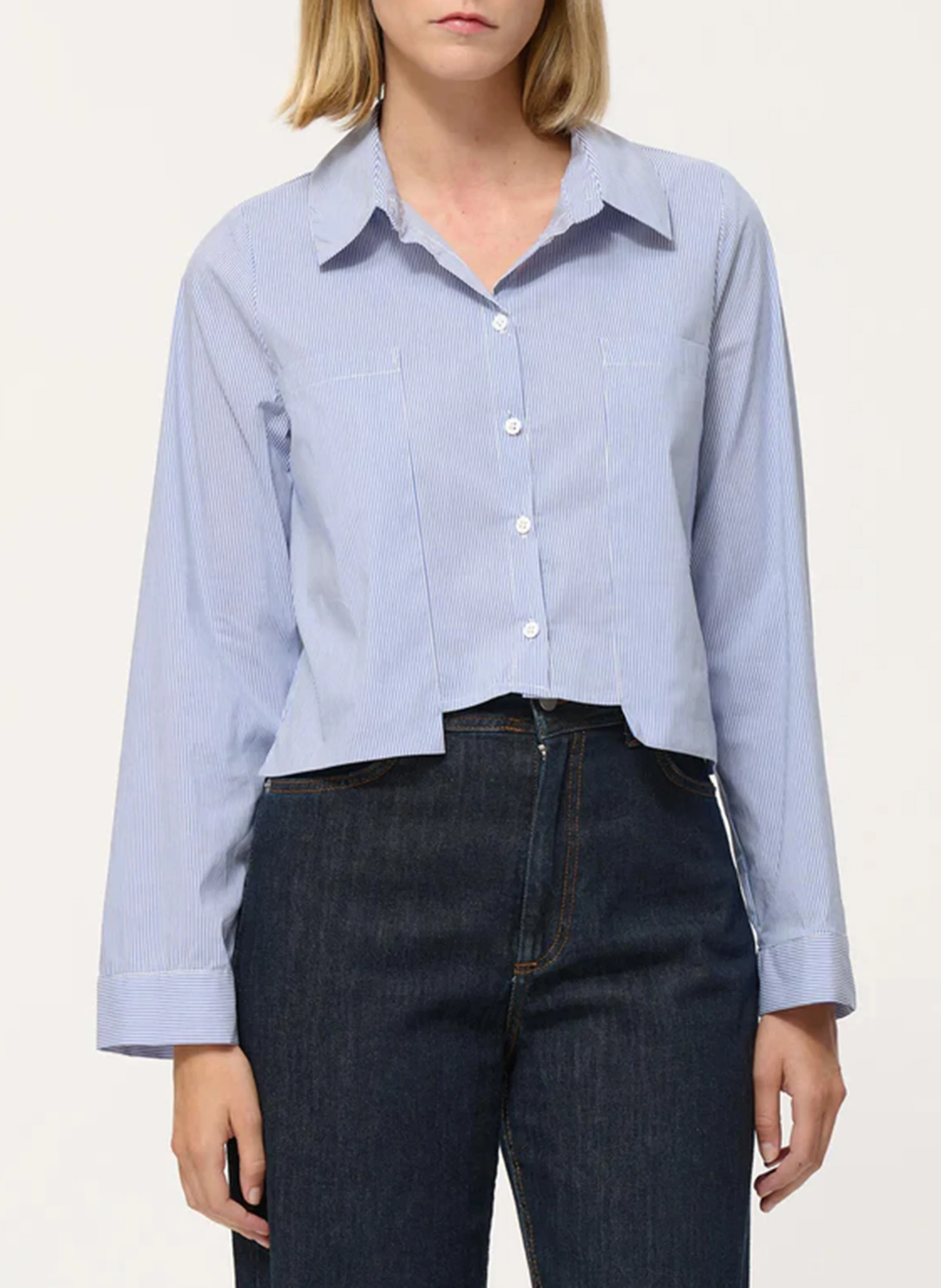 Chemise courte col classique rayée en coton mélangé | Bleu