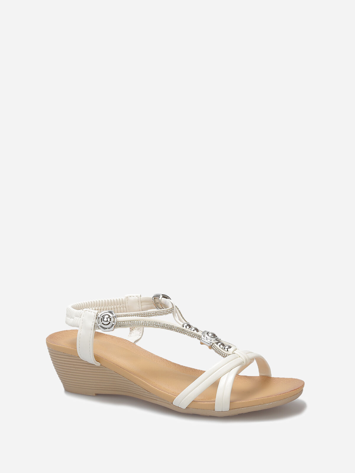 Sandales compensées à perles et strass- Blanc