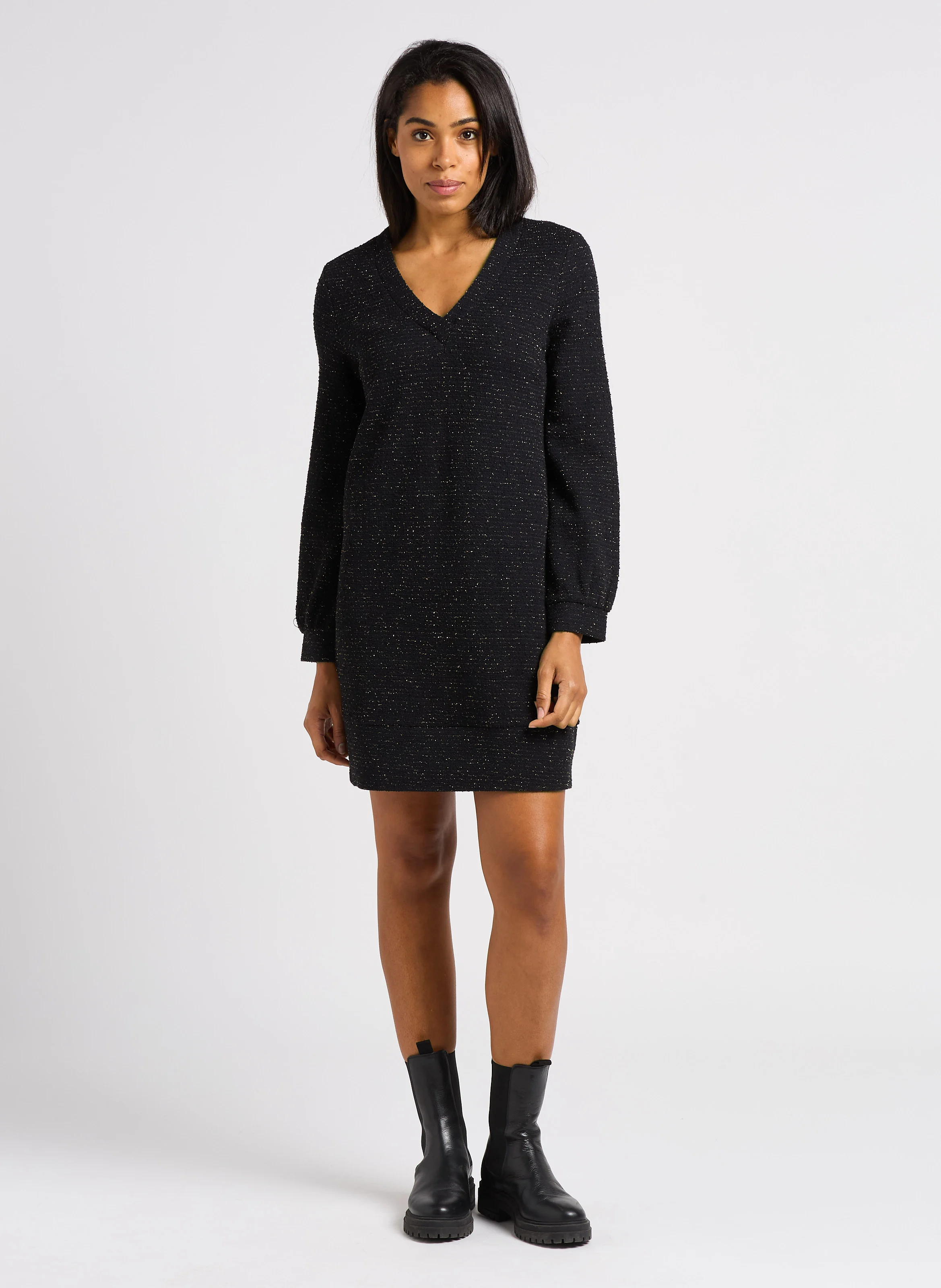 Robe courte ample encolure V en coton mélangé | Noir