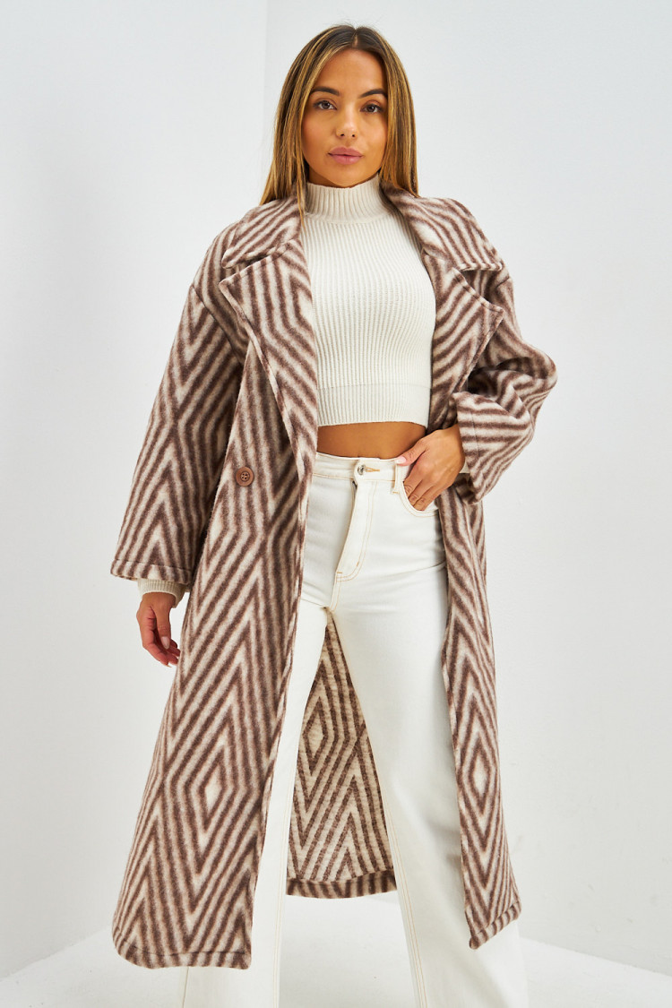 Manteau en laine marron et blanc motif losanges