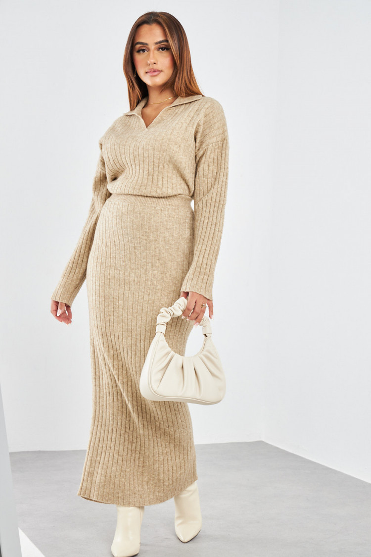 Ensemble 2 pièces pull + jupe côtelé taupe