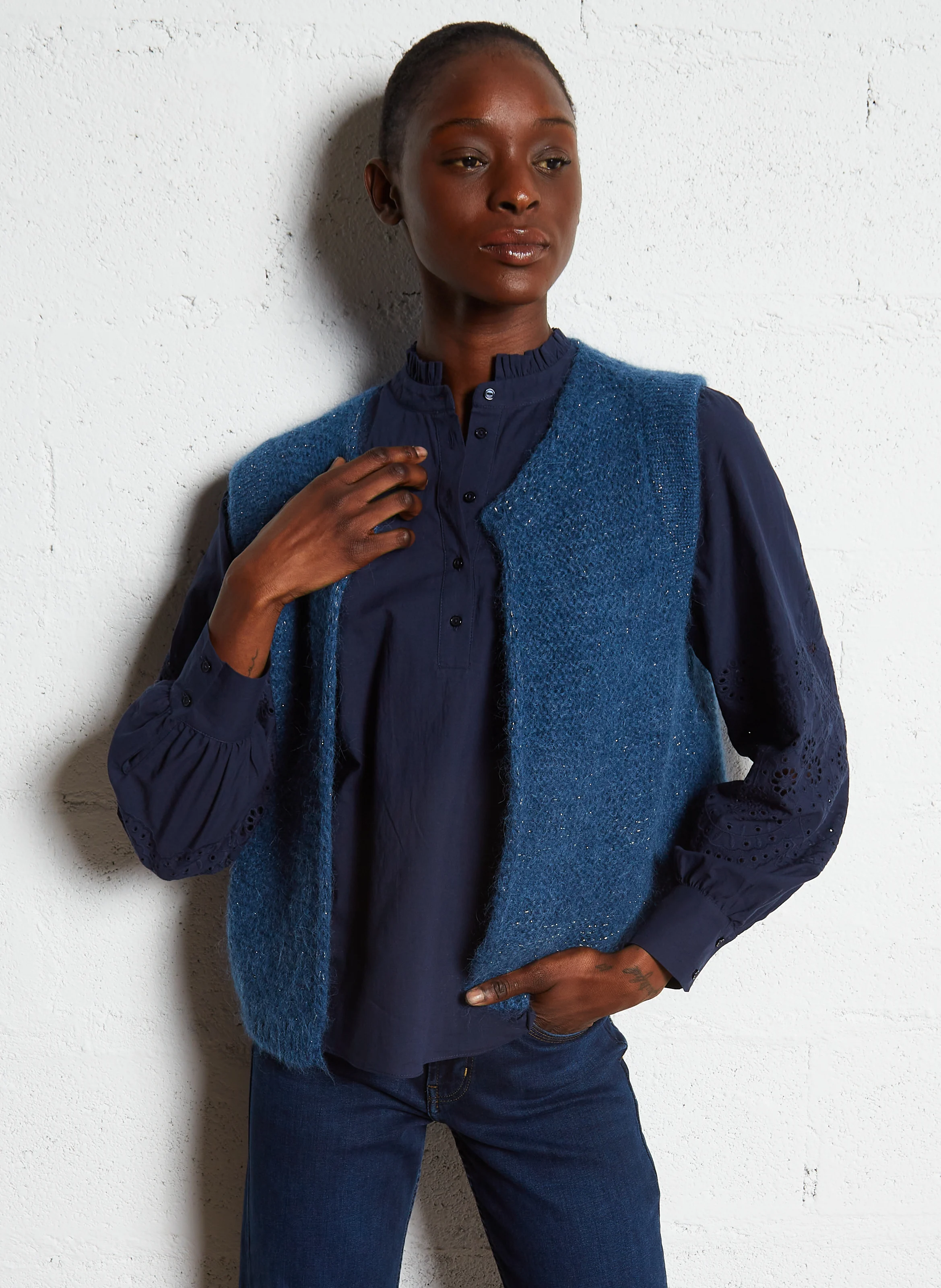 GOTANAX - Gilet col rond droit en maille | Bleu