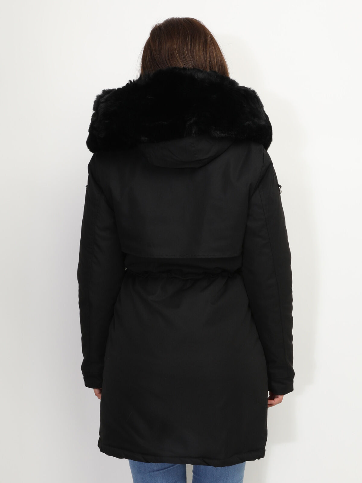 Manteau parka avec détails fausse fourrure- Noir