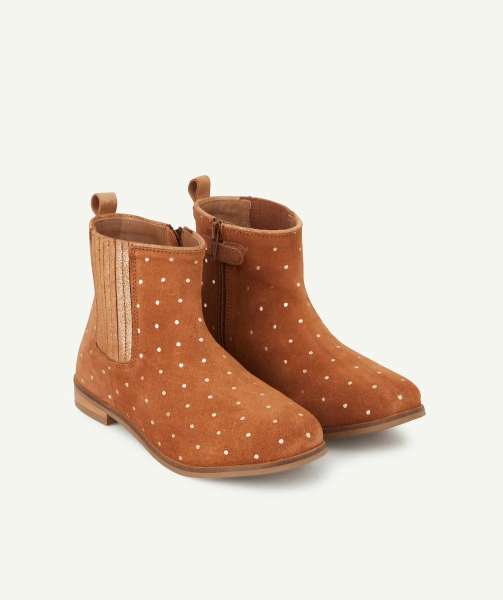 BOTTINES FILLE EN CUIR CAMEL AVEC POIS COULEUR DORÉE